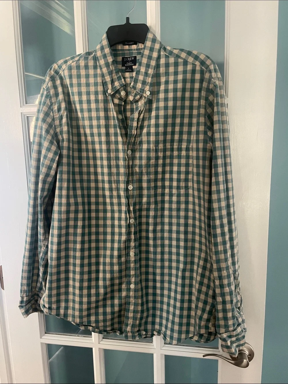 J. Crew Teal and White Gingham Button-Down Shirt